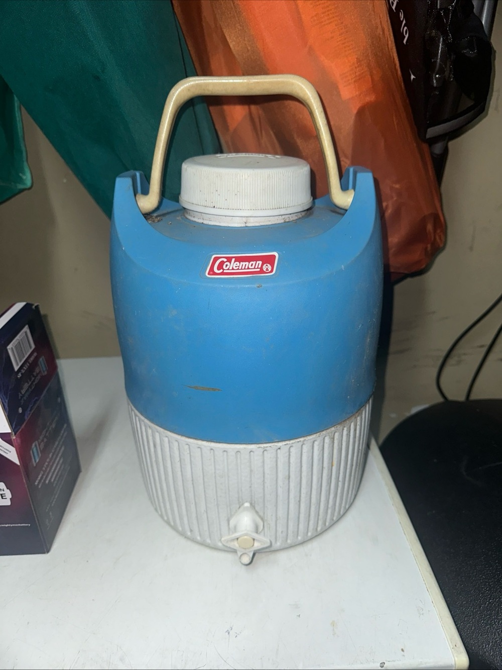 Vintage Coleman Blue and White Insulated Water Jug Cooler with Carry Handle